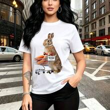 Camiseta de mujer con estampado divertido de conejo marrón empujando carrito de compras lleno de zanahorias y frase "I'm not fat, I'm fluffy" - camiseta casual de manga corta cuello redondo ajuste cómodo y estilo urbano relajado - ideal para paseos p - Blanco - Ver 7