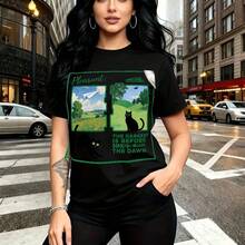 Camiseta de mujer con estampado artístico de paisajes y gato negro con frase inspiradora "The Darkest Is Before The Dawn" - camiseta casual de manga corta con diseño de campo y bosque, ajuste cómodo y estilo urbano moderno - ideal para paseos por la - Negro - Ver 11