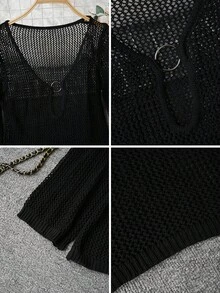 女款性感極簡不對稱肩貼身休閒修身套頭長袖薄針織上衣，適合夏季黑色 - 黑色 - 查看 6