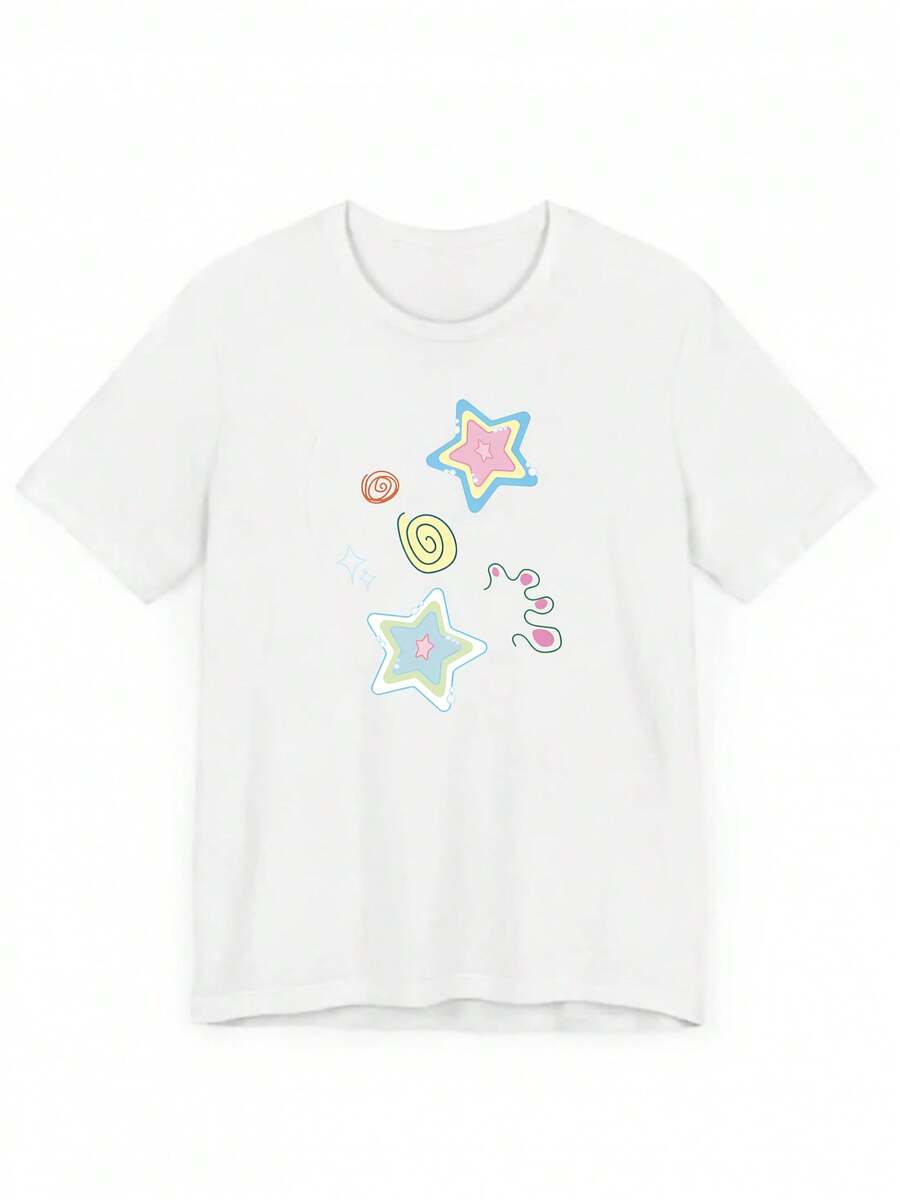 Cute Y2K Summer Top. 1 Pack. Cute Y2K Summer Top. 100% Cotton. Arty Cartoon Print, Women's Short Sleeve, Y2K Fashion, New Summer Arrivals, Suitable For Commuting, Casual And Elegant Wear. Perfect For A Casual Look. - 白色 - 查看 1