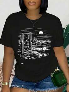 Camisas occidentales para mujer, camisetas de aodón informales con estampado de cactus del desierto, camisetas gráficas de manga corta con estilo campestre lindas para mujer de talla grande - Negro - Ver 2