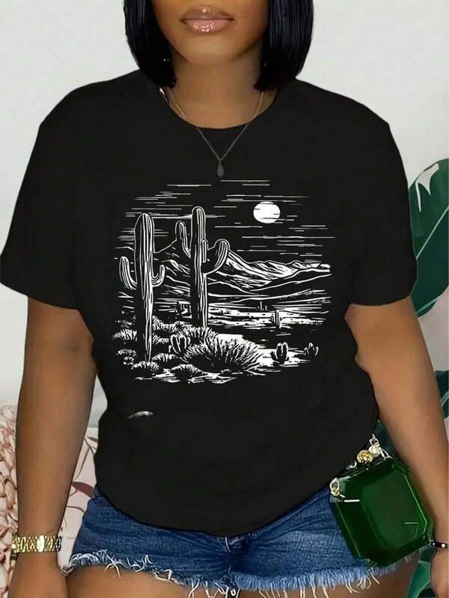 Camisas occidentales para mujer, camisetas de aodón informales con estampado de cactus del desierto, camisetas gráficas de manga corta con estilo campestre lindas para mujer de talla grande