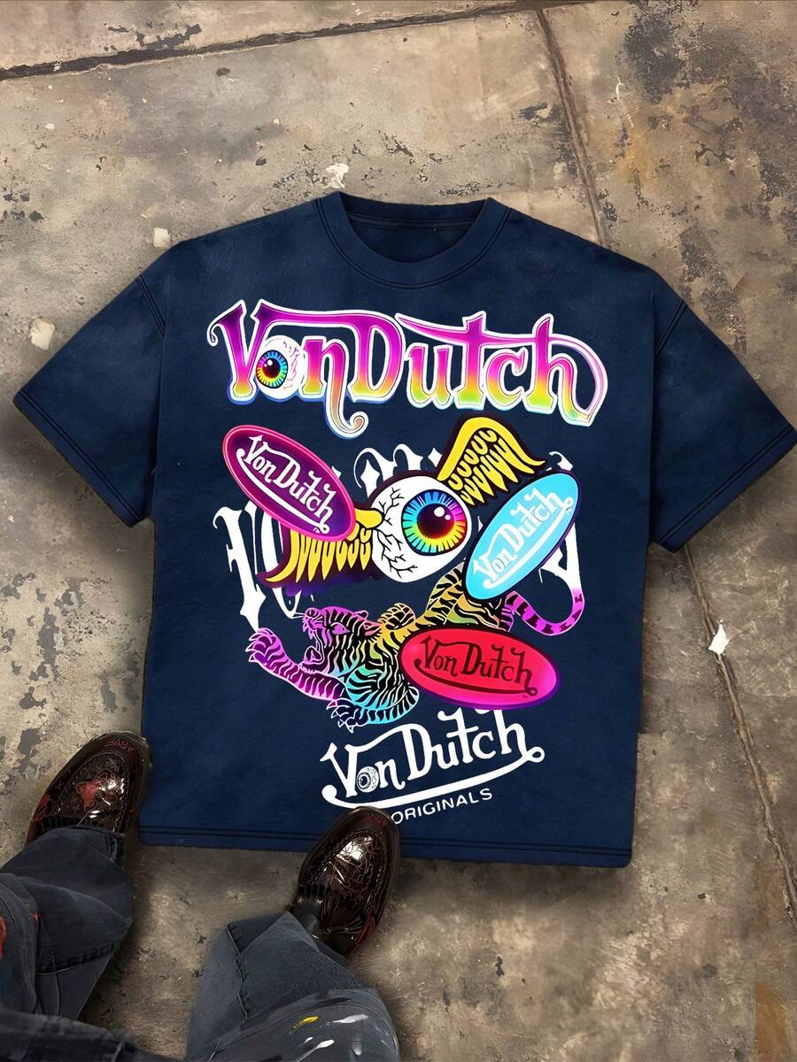 Von O Dutch Classic Sci-Fi Style Tops - Oversized Old Printed Washed T-Shirt. Men's 100% Cotton, Loose Fitting, Y2K Street Retro Casual Urban Aesthetics, 100% Cotton Pullover. Gifts Men Clothes Men Shirts Graphic Teens Men Vintage T Shirts Graphic Tees Tanktop - Màu xanh hải quân - Xem 1