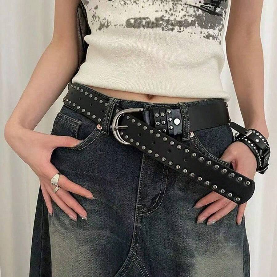 1 pieza Cinturón de mujer de unicolor, estilo callejero, de PU (poliuretano), para uso en todas las estaciones, con decoración de remaches, moda punk Y2K - Multicolor - Ver 1