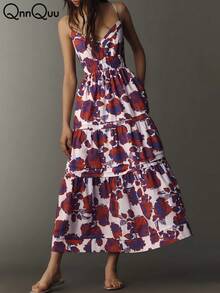 Vestido elegante de mujer con estampado floral bohemio, hecho de tela tejida con diseño de volantes y tirantes de espagueti - Rosa Roja - Ver 2
