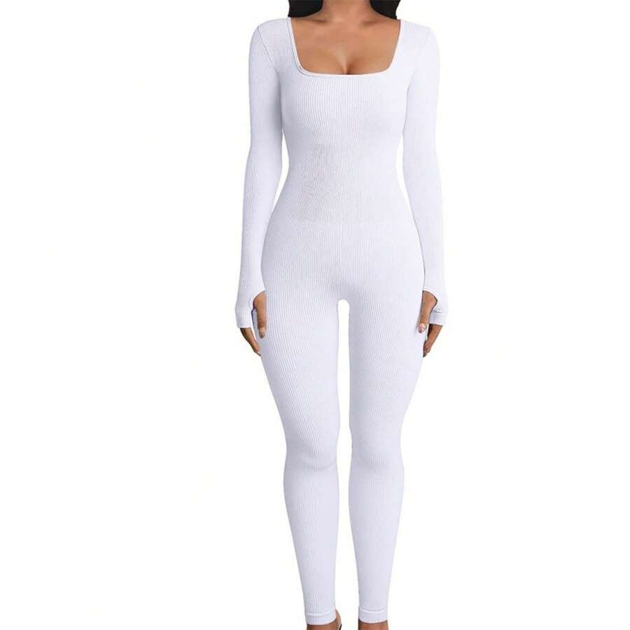 Women's Jumpsuit, New Autumn And Winter Product, Ribbed Square Neck, Enhances The Hip, Fitted Cut, Sexy Jumpsuit. - 白色 - 查看 1