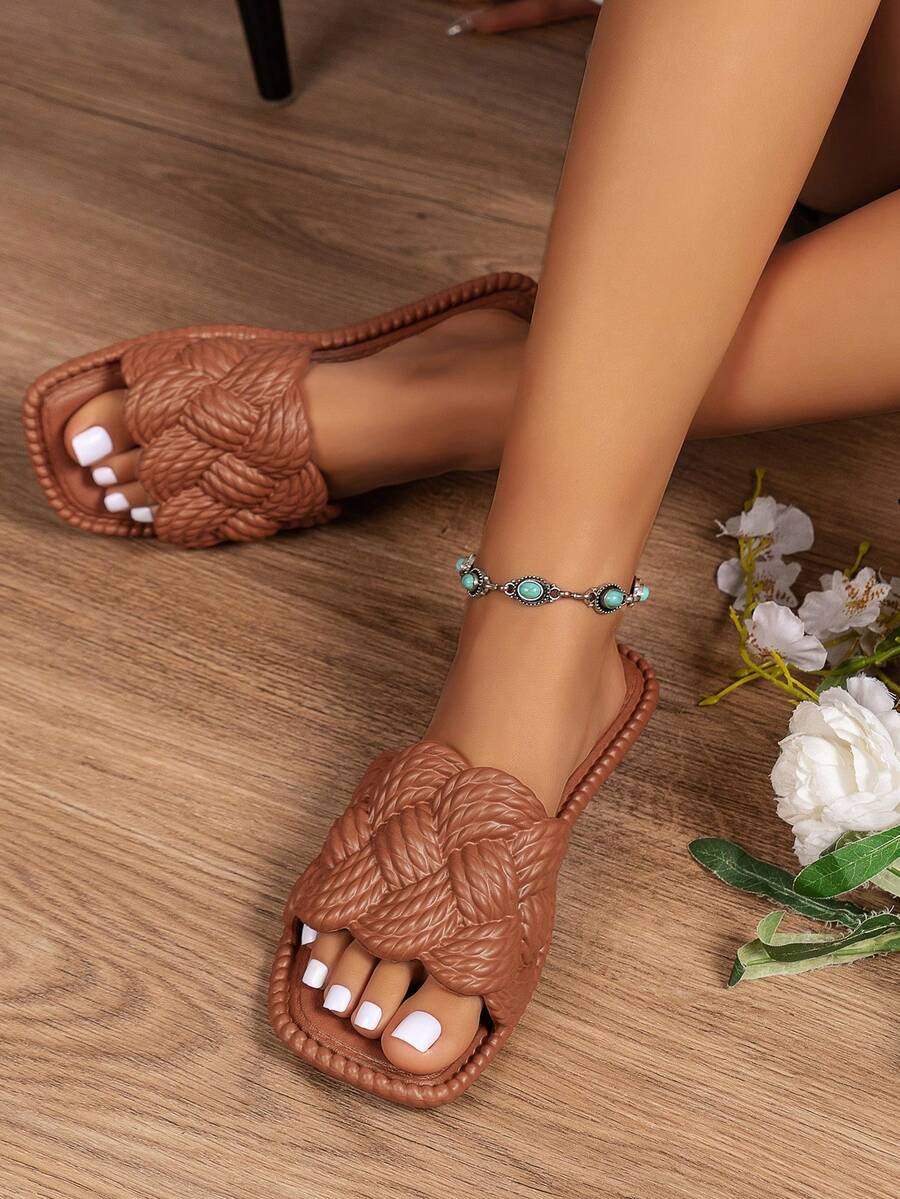 Sandal Selop Wanita Musim Semi/Panas Serbaguna Minimalis Tenun Ringan Nyaman Lembut Gaya Liburan Ujung Terbuka Sepatu Pantai