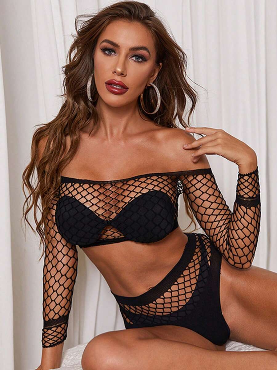 2pcs, Women's Black Off-Shoulder Fishnet Cover-Up Set, Medium Stretch Semi-Transparent Swimsuit Cover-Up Vacation Summer Beach - Black - View 1