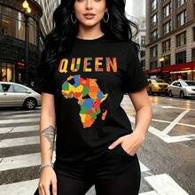 Camiseta de mujer con estampado de chica elegante y segura en la ciudad, diseño "QUEEN" con letras coloridas y mapa vibrante de África - camiseta casual de manga corta con ajuste cómodo y estilo urbano, ideal para paseos por la ciudad, salidas diaria - Negro - Ver 11