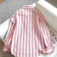 Camisa casual de manga larga con solapa a rayas y abotonadura sencilla para mujer - Negro01 - Ver 3