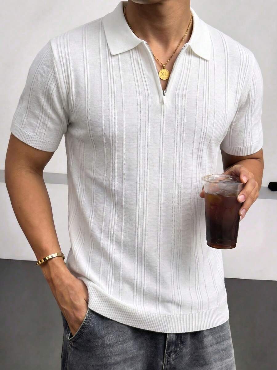 Blueprint Man 1pc Men's White Vertical Striped Textured Knit Polo Shirt, Half-Zip Placket, Ribbed Trim Design, Breathable Wrinkle-Resistant Knit Fabric, Comfortable Slim Fit Old Money Style Men's Top, Spring/Summer Commute, Light Business, Vacation Outfit - White - View 1