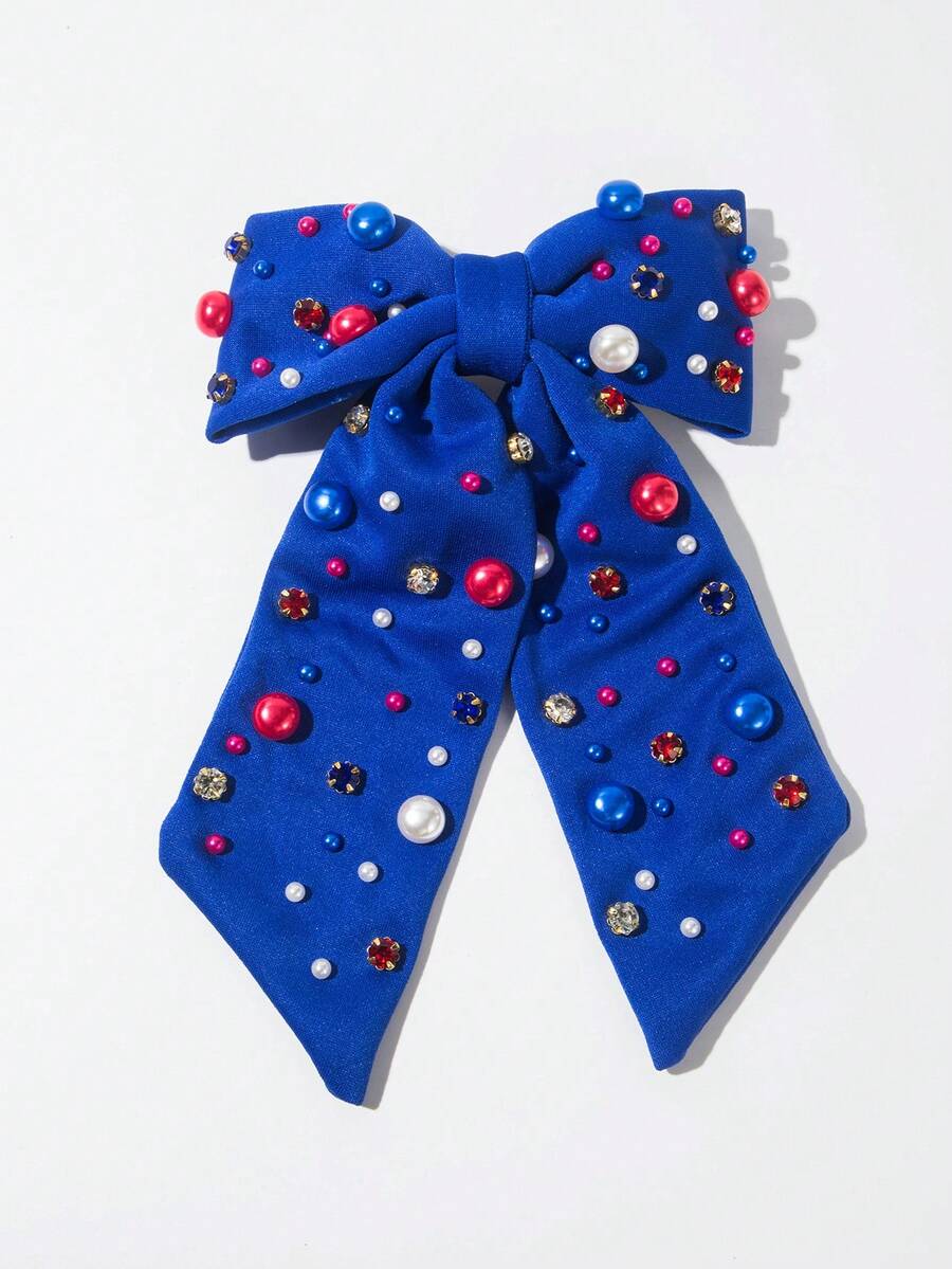 1pc Solid Red White Blue Gemstone & Pearl Hair Clip, Bohemian Style Versatile Spring Clamp Suitable For Women's Daily Outfit,Hair Claws - Blue - View 1