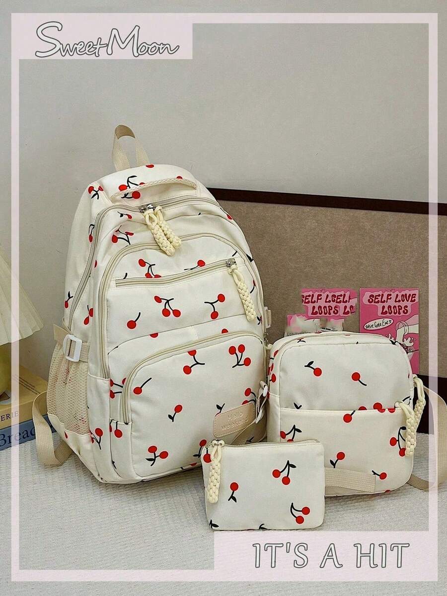 3pcs/Set White Nylon Casual Fresh Strawberry, Bow, Cherry Print Jacquard Drawstring Zipper Large Capacity Foldable Multi-Pocket Backpack Set, Suitable For Women Daily Matching, College Students, Training, School, Shopping, Travel - White - View 1