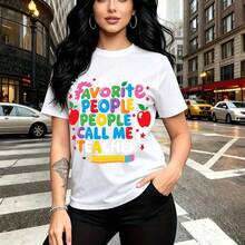 Camiseta de mujer con estampado de profesora sonriente y texto divertido "My Favorite People Call Me Teacher" con manzanas, lápices y estrellas - camiseta casual de algodón suave, ajuste cómodo y estilo urbano moderno - ideal para el Día de la Madre, - Blanco - Ver 10
