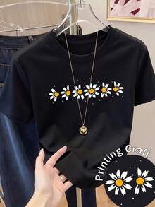 Women's Short-Sleeved Printed T-Shirt, Spring Clothing, Holiday Outfit, Black For Summer, Beach Look, Vacation Style, Country Style, Women's Office Outfit. - 黑色 - 查看 6