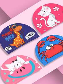 1 pieza Gorro de natación de dibujos animados, universal, antideslizante y cómodo con protección para los oídos, gorra de tela con estampado de dibujos animados lindos - Multicolor - Ver 4