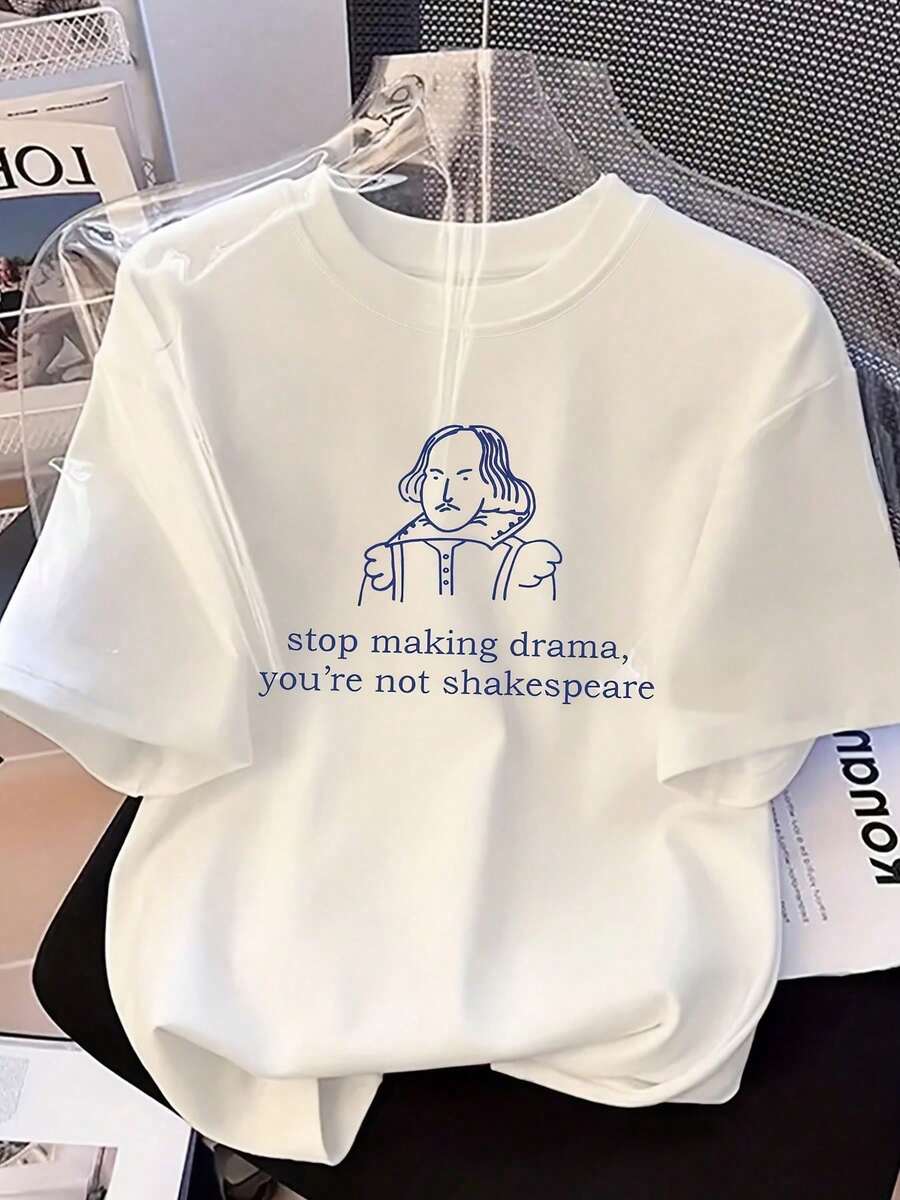 Women's Vintage Graphic T-Shirt With A Funny 2025 Quote - "Stop Making A Drama Out Of It, You're Not Here For That", Casual Summer Outdoor Wear In White, Summer Tops - 白色 - 查看 1