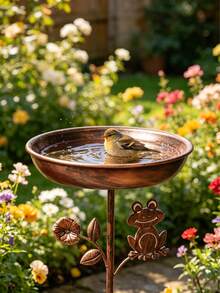 1件復古銅鐵鳥浴盆與餵食器二合一,防鏽花園裝飾附防滑地插 - 青蛙花造型 - 查看 4