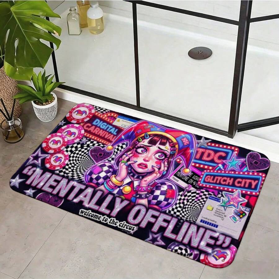 1Pc Digital Circus Y2K Digital Circus Clown Girl Mentally Offline Print Diatomaceous Earth Bath Mat, Neon Glitch Cyber Carnival Style Non Slip Super Absorbent Quick Dry Floor Rug, Checkered Casino Chip Retro Vaporwave Design Doormat For Bathroom Entryway Bedroom, Fun M Zooble,Kinger,Gangle,Ragatha,Jax,Caine,The Amazing .Bathroom Deccor,Front Door Mat,Patio Cushions,Bedroom Rug,Carpet,Alfombra,Durable Fabric,Artistic Design,Versatile Accessory,Outdoor Enthusiasts,Room Decor,Home Décor,Bedroom Decor,New Year's Day, Valentine's Day,  Sunday, St. Patrick's Day, Irish Culture Day, April Fool's Day, Easter, Mother's Day, Father's Day, Flag Day, Halloween, Christmas Eve, New Year's Eve, Christmas Day – The Perfect Gift For Friends, Family, And Lovers. - Nhiều màu - Xem 1