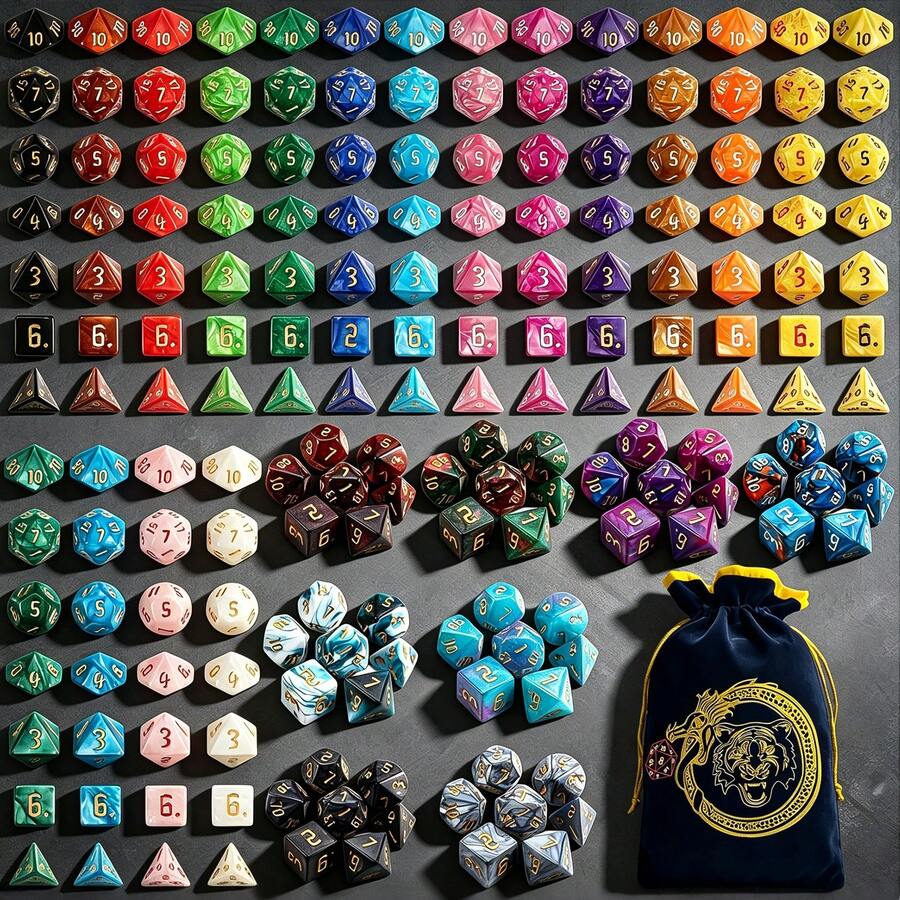 26 Set Dadu Poliedral D&D (Total 182 buah), Dadu Ukir 7 Warna dengan Tas Serut Besar, Cocok untuk D&D, Permainan Meja RPG, MTG, Pathfinder, dan Permainan Kartu.