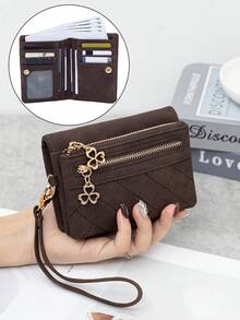 MIYIN Minimalist Vintage Rhombus Women's Wallet, Portable Snap Closure Short Wallet With Dual Zipper Coin Pocket, Card Slots, ID Window, And Wrist Strap - Multicolor - View 13
