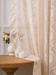 1pc French Countryside Style Floral Lace Trim Curtain Sheer, Holiday Decor - Beige - View 10