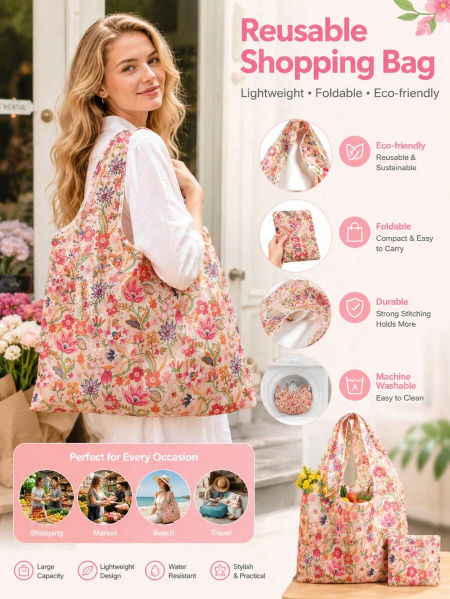 1Pc Women Foldable Tote Bag, Large Capacity Reusable Shopping Bag, Multi-Style Versatile Design, Washable & Lightweight, Simple Classic Style, Convenient Open/Close, Multi-Functional For Commute, Travel, Shopping & Daily Use, Comfortable, Easy To Clean, Perfect All-Match Fashion Bag For Various Occasions - Handbag - View 1