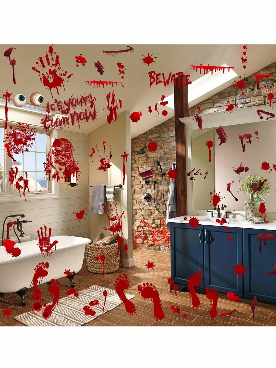 9sheets Scary Halloween Window Stickers, Bloody Hand And Footprint Halloween Floor Stickers, Spooky Bloodstain, Eyeball, And Ghost Shadow Stickers-Perfect For Bathrooms, Walls, And Room Decor. Halloween Home Decor. Scary-Style Halloween Window Decals - Multiple Styles - View 1