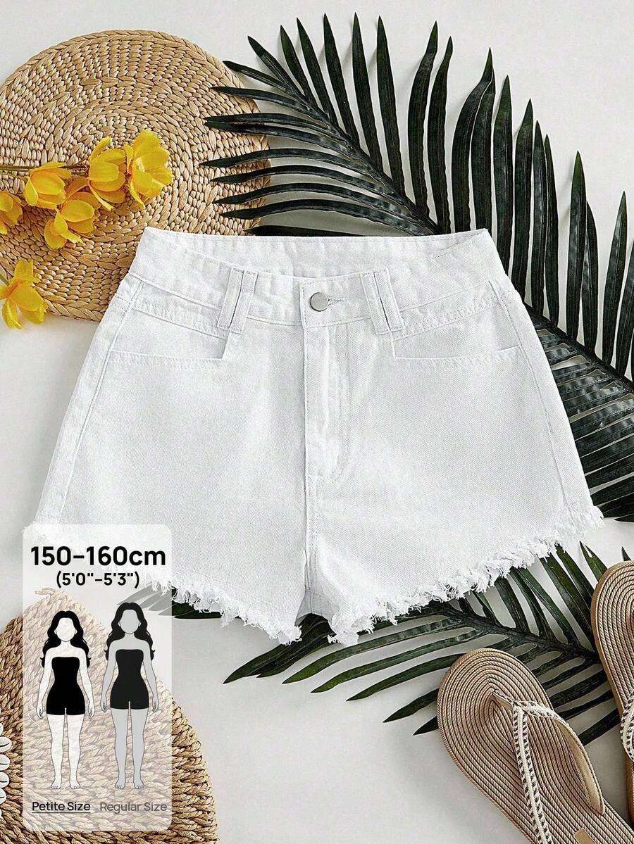 PETITE Pantalones cortos de mezclilla blancos de corte holgado y línea A con dobladillo deshilachado para mujer - Blanco - Ver 1