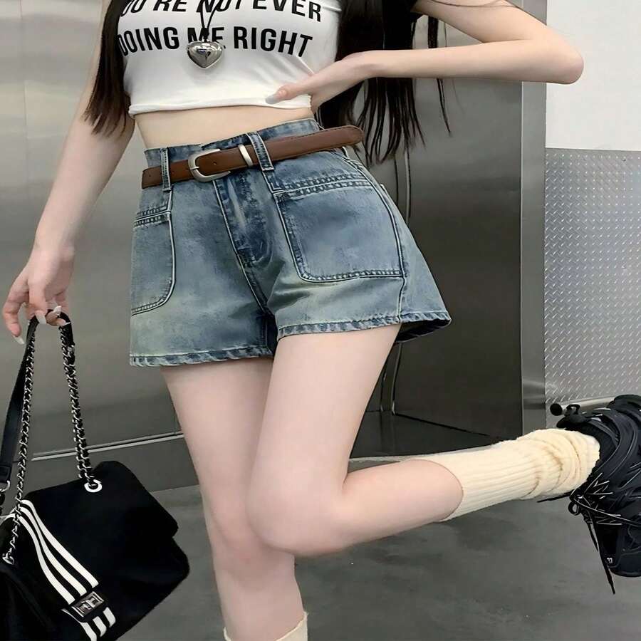 Vintage A-Word Wide-Leg Denim Shorts Women's Summer Year New Thin Student Loose High-Waisted Hot Pants Summer Fashion - 淺藍色 - 查看 1