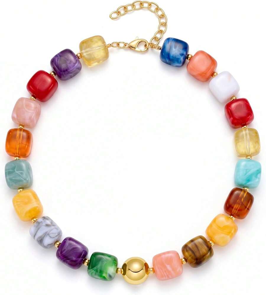 Women's Colorful Acrylic Beaded Necklace, Bohemian Style Heart & Starfish Pendant Necklace, Adjustable, Summer Beach Vacation Jewelry Gift - Multicolor - View 1