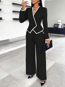 AIJ Women's Autumn/Winter Asymmetric Hem Single-Breasted Contrast Trim Blazer & Trousers Set, With Pocket Details, Suitable For Office Commute - Ink - View 6