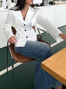 Women's Solid Color Woven Fabric Button White Short Trench Coat Jacket Office Autumn Winter - White - View 9