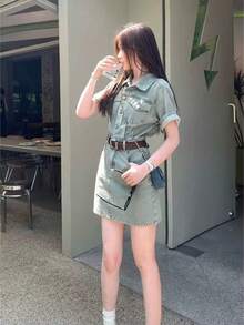 [2026 Summer Emo Retro] Short-Sleeved Denim Dress With A Defined Waist For A Flattering Silhouette. Mini Length. One Piece For A Complete Stylish Look. Affordable And Flattering. Women's Dress. - Retro Blue Denim Dress - View 2