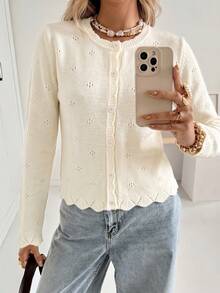 Women Hollow‑Out Cropped Knit Cardigan, Long‑Sleeve Warm Button Sweater, Casual Layering Outerwear For Autumn Winter Daily Commute Street Wear Fall - White Apricot - View 5
