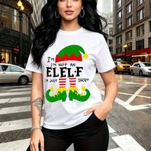 Camiseta de mujer con estampado navideño divertido de elfo y texto "I'm just an ELELF" - camiseta casual de manga corta con diseño festivo colorido, ajuste cómodo y estilo urbano ideal para el Día de la Independencia y celebraciones familiares - rega - Blanco - Ver 11