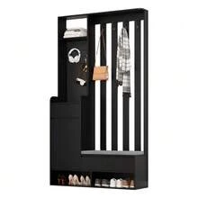 Mobile da ingresso con panca contenitore imbottita, scarpiera multifunzionale con pannello forato, mobile moderno con 4 ganci per ingresso o lavanderia, bianco, H 180/L 100/P 35 cm - nero - Visualizzare 9
