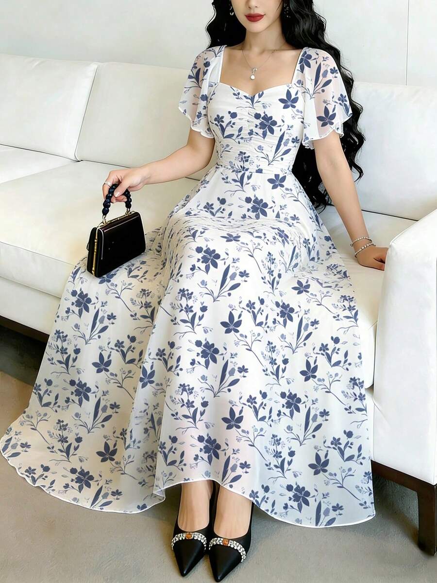 MSModelyn Vestido plisado de manga corta con estampado floral diminuto, vestido largo elegante con cintura ceñida para vacaciones de verano y uso diarioMS2-15 AXJI - Multicolor 15 - Ver 1