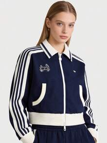 adidas 運動休閒舒適百搭翻領外套白藍色短版女款KY2150 - 寶藍色 - 查看 1
