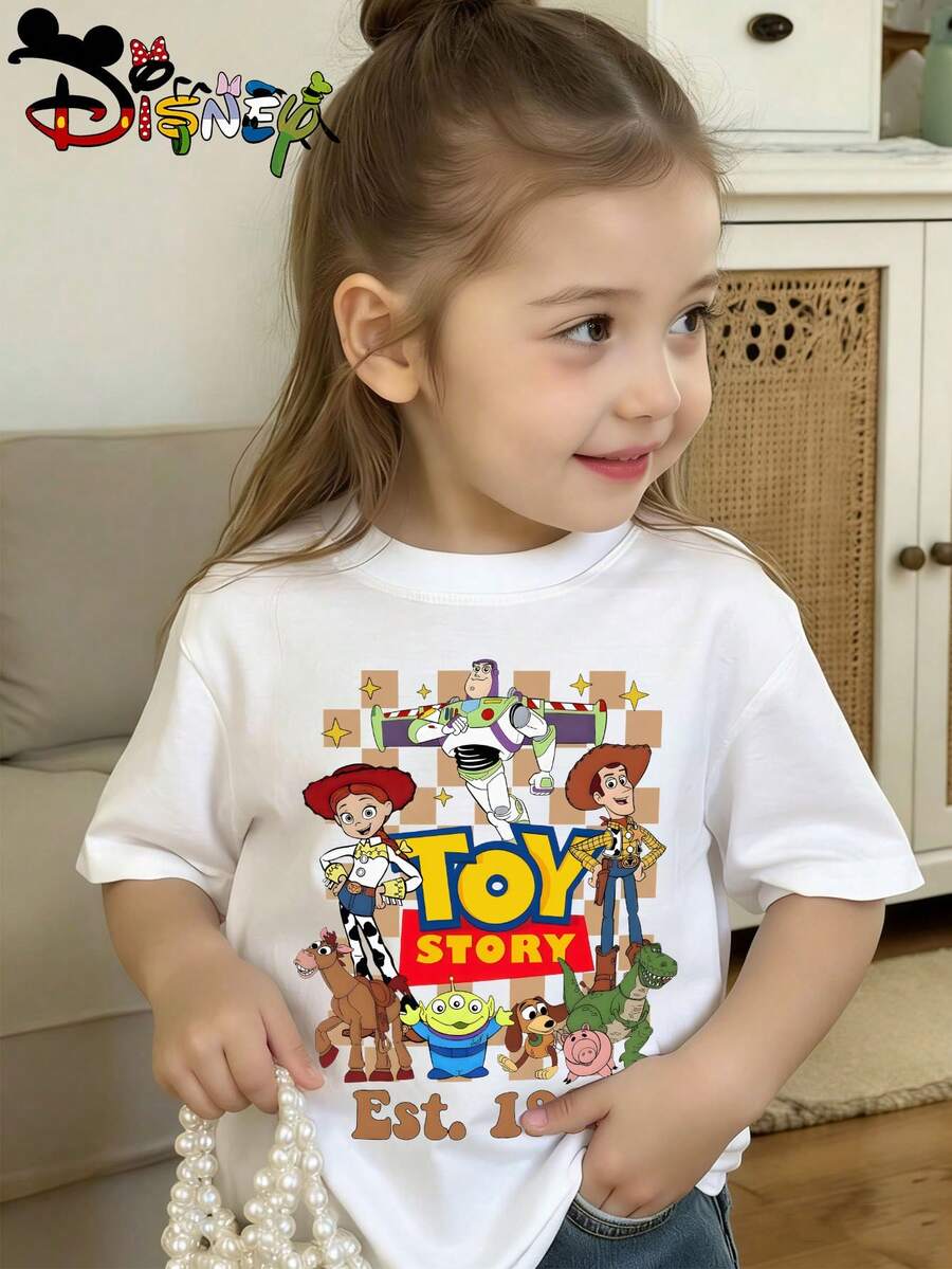 Disney Toy Story 1995 Retro Children's T-Shirt Woody Bass Lightyear Checkerboard Cartoon Boys And Girls White Short Sleeve Top, Machine Washed And Non Deformable, Comfortable And Fashionable, Perfect For Creating Personalized Styles In Summer - White - View 1