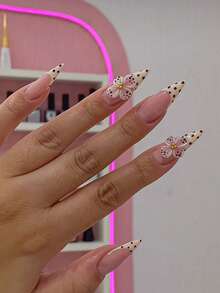 10 bucăți unghii false handmade tip press-on, unghii scurte, unghii de vară, unghii șampanie, tipsuri french galben crem cu buline, decorate cu accente 3D flori albe cu pete negre și centre aurii, perfecte pentru purtare zilnică, întâlniri și ocazii de primăvară/vară - Șampanie - Vizualizare 2