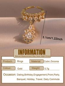 1pc Luxury Court Style Crown Cubic Zirconia Rings, Sparkling Water Drop Tassel Open Copper Ring, Suitable For Engagement/Wedding Banquets, Gatherings, Date & Daily - Crown - View 4