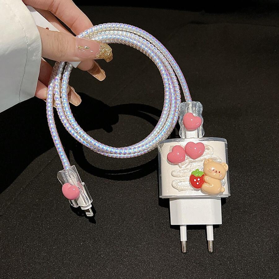 5件組 20W 美規插頭 3D 奶油膠熊造型充電器保護套,防斷線線材保護套,相容 Apple 數據線 - 歐規愛心小熊 - 查看 1