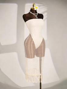 Vestido casual de vacaciones y citas de unicolor sin tirantes y con diseño calado para mujer - Albaricoque - Ver 9