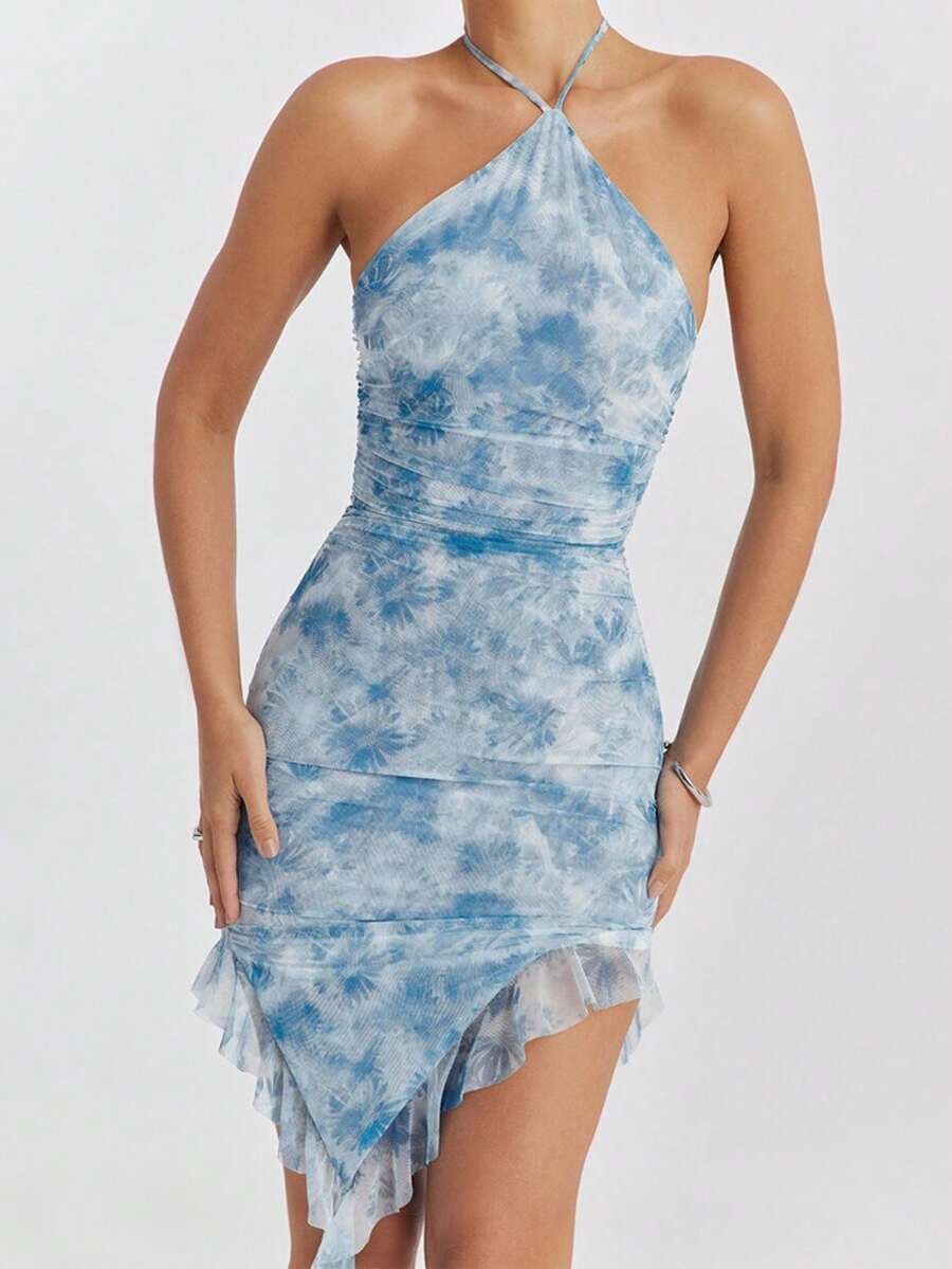 Vestido Nuevo Estampado Cuello Colgante Espalda Descubierta - Azul - Ver 1