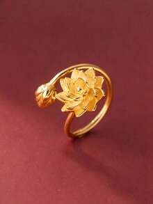 1pc Elegant Nature-Inspired Delicate Lotus Flower Open Ring - Yellow Gold - View 7