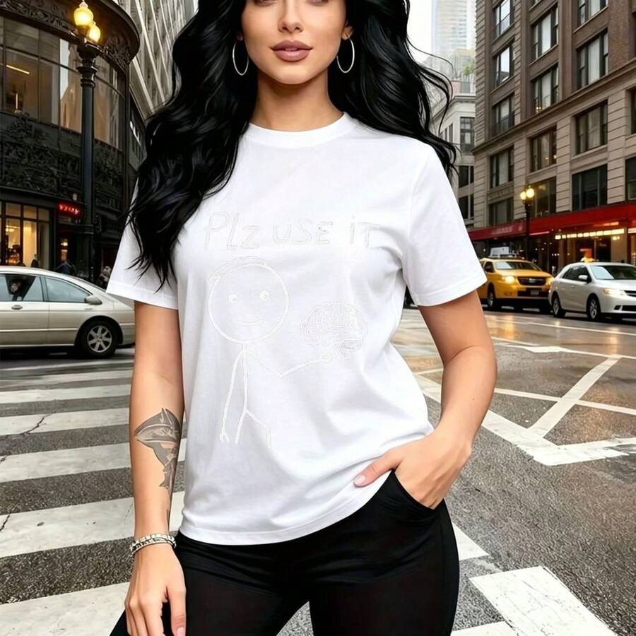 Camiseta de mujer con estampado gráfico divertido de frase "Plz use it" y figura de cerebro humano sonriente - camiseta casual de cuello redondo, ajuste cómodo y relajado, estilo urbano intelectual para la calle - ideal para paseos por la ciudad, sal - Blanco - Ver 1