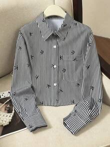 Camisa corta casual de mujer de manga larga a rayas con un solo pecho y bolsillo - Negro - Ver 1