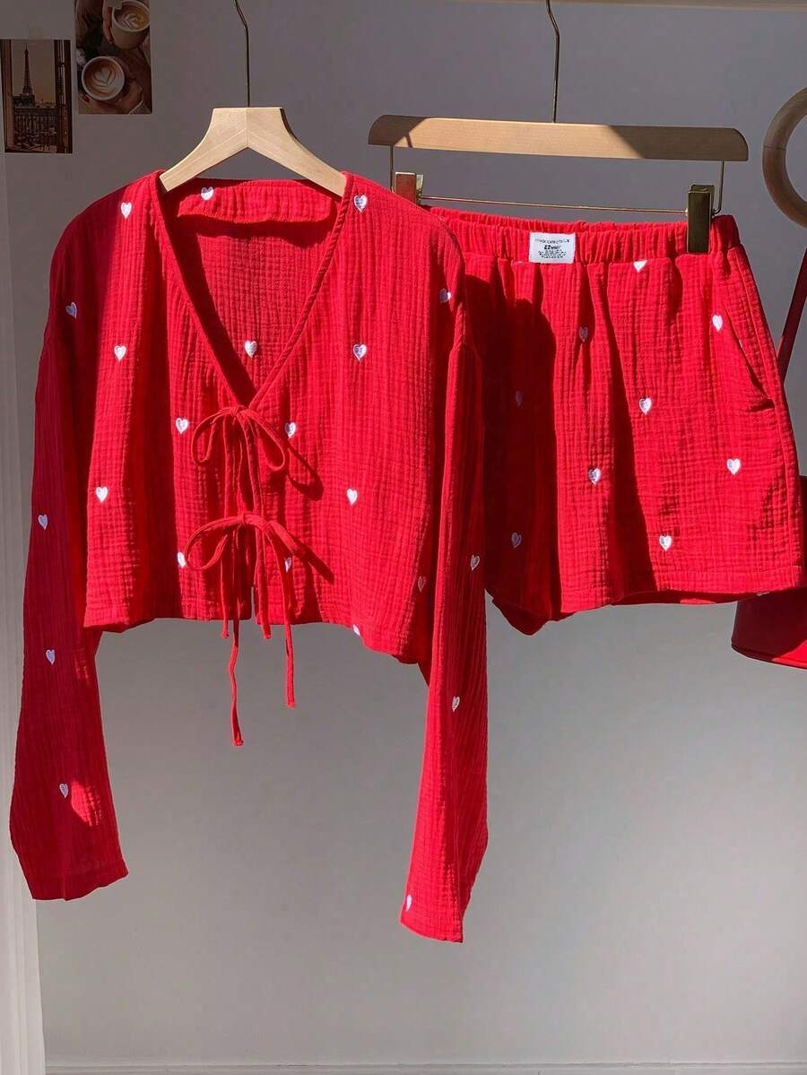 Conjunto de top de manga larga y pantalones cortos con estampado de corazones rojos y blancos, conjunto de Navidad para mujer - Rojo y blanco - Ver 1