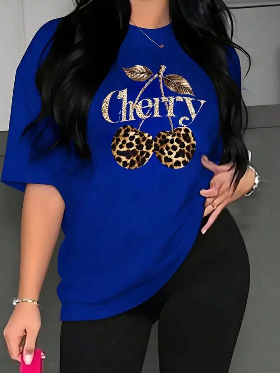 Women's Casual Short Sleeve T-Shirt, Semi-Sheer, Lightweight Fabric, Leopard And Cherry Print, Black With Shiny Gold Details, Medium Elasticity, Machine Washable, All Year Round Comfort - 皇家藍 - 查看 1